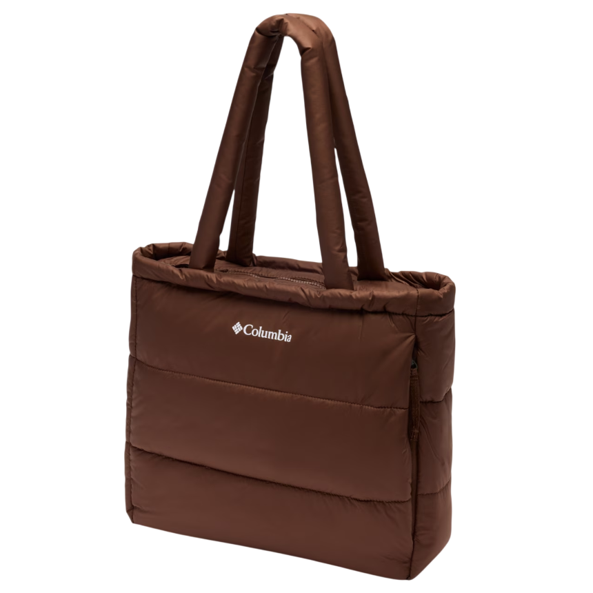 A brown tote bag with padded handles from Columbia featuring a quilted design and a side zipper pocket, displaying the brand logo.