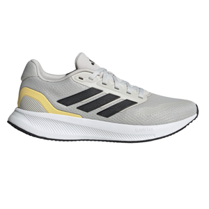A gray Adidas running shoe featuring a white sole, black stripes, and yellow accents, designed with Cloudfoam cushioning for comfort.