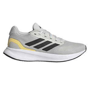 A gray Adidas running shoe featuring a white sole, black stripes, and yellow accents, designed with Cloudfoam cushioning for comfort.