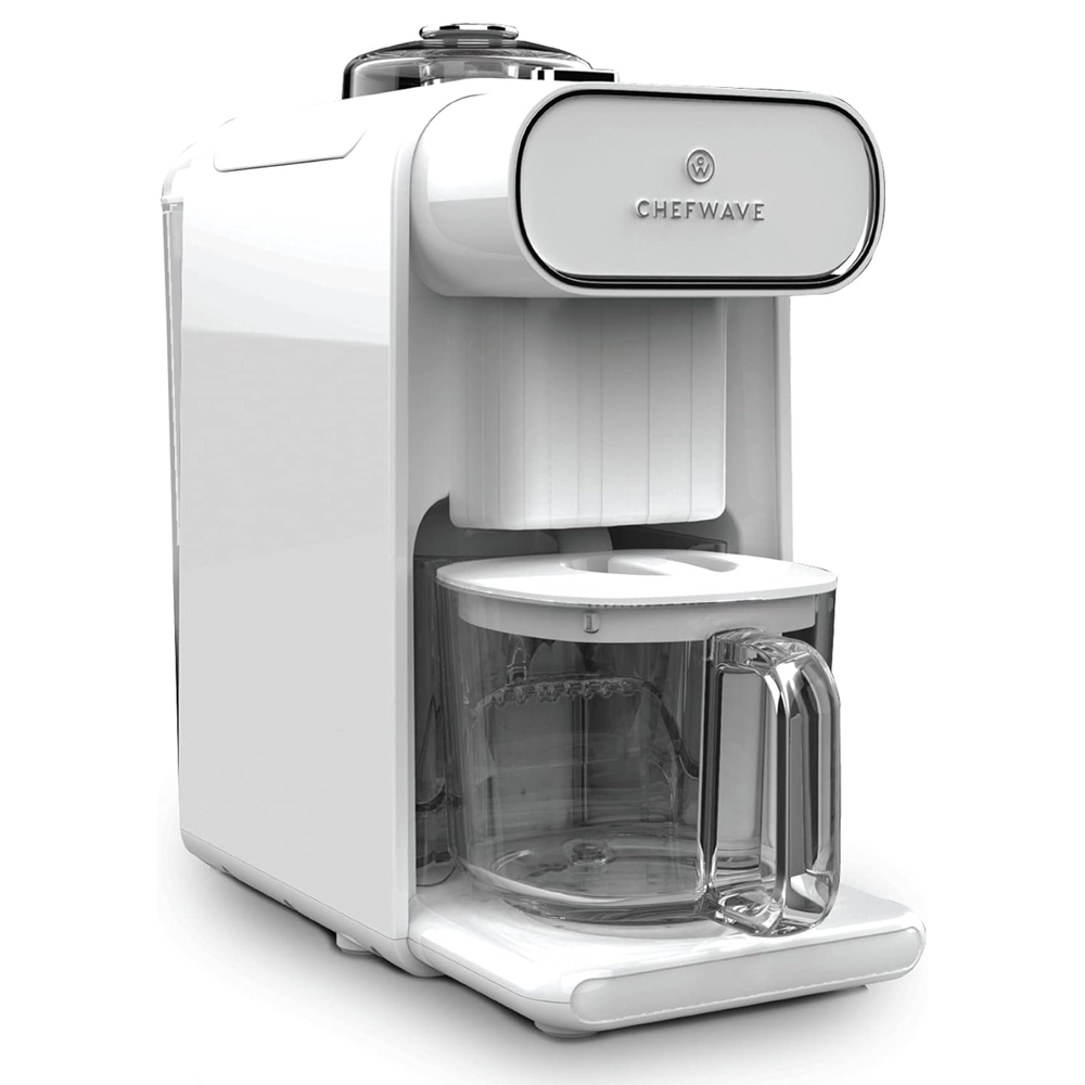 The ChefWave Non-Dairy Milk Maker is a white, compact appliance designed for making plant-based milk with a stainless steel accent and an included glass pitcher.