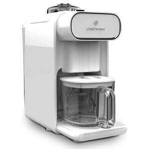 The ChefWave Non-Dairy Milk Maker is a white, compact appliance designed for making plant-based milk with a stainless steel accent and an included glass pitcher.