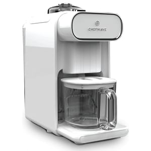 The ChefWave Non-Dairy Milk Maker is a white, compact appliance designed for making plant-based milk with a stainless steel accent and an included glass pitcher.