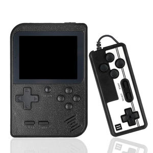 A retro-style handheld game console with a wired controller, featuring a D-pad, start and select buttons, and four action buttons on the console.