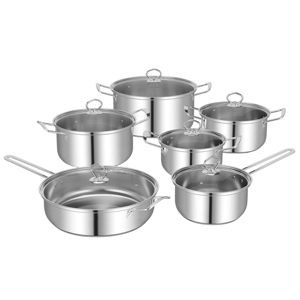 A stainless steel cookware set featuring six pots and pans of various sizes, each with matching lids and handles.