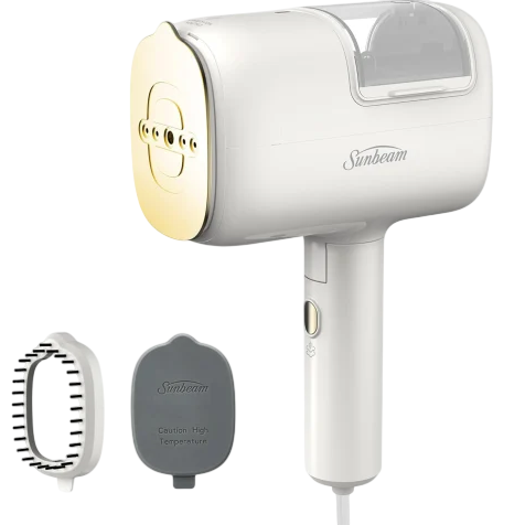 A white Sunbeam steamer with a gold nozzle, accompanied by two attachments: a brush and a high-temperature caution plate.