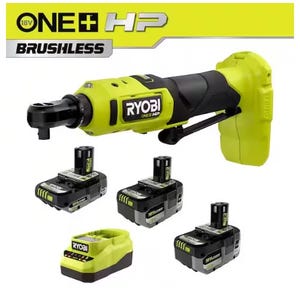 A Ryobi 18V ONE+ HP brushless ratchet is shown with three different batteries and a charger.