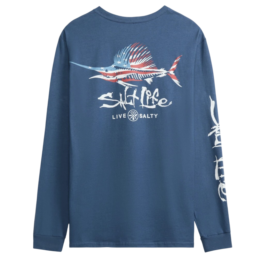 Blue long-sleeve shirt with a marlin and American flag design, featuring \“Salt Life\“ and \“Live Salty\“ text on the back, and similar branding on the sleeve.