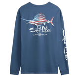 Blue long-sleeve shirt with a marlin and American flag design, featuring \“Salt Life\“ and \“Live Salty\“ text on the back, and similar branding on the sleeve.