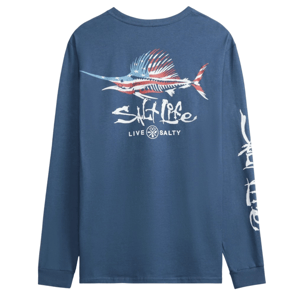 Blue long-sleeve shirt with a marlin and American flag design, featuring \“Salt Life\“ and \“Live Salty\“ text on the back, and similar branding on the sleeve.
