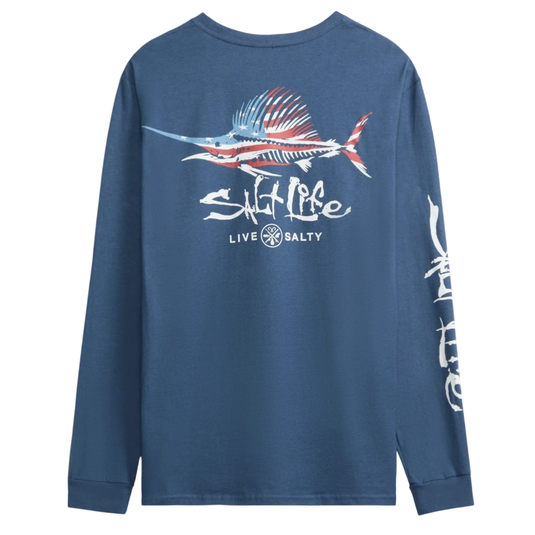Blue long-sleeve shirt with a marlin and American flag design, featuring \“Salt Life\“ and \“Live Salty\“ text on the back, and similar branding on the sleeve.