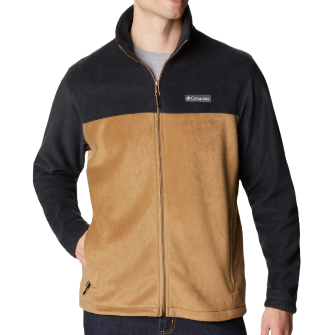Columbia Steens Mountain Jacket features a two-tone design with black and tan fleece, a full zipper, and side pockets. The Columbia logo is visible on the chest.