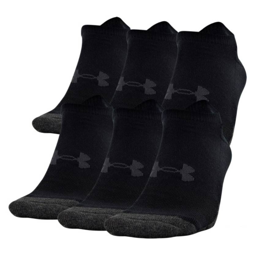 Six pairs of black crew socks with a subtle logo pattern near the ankles.