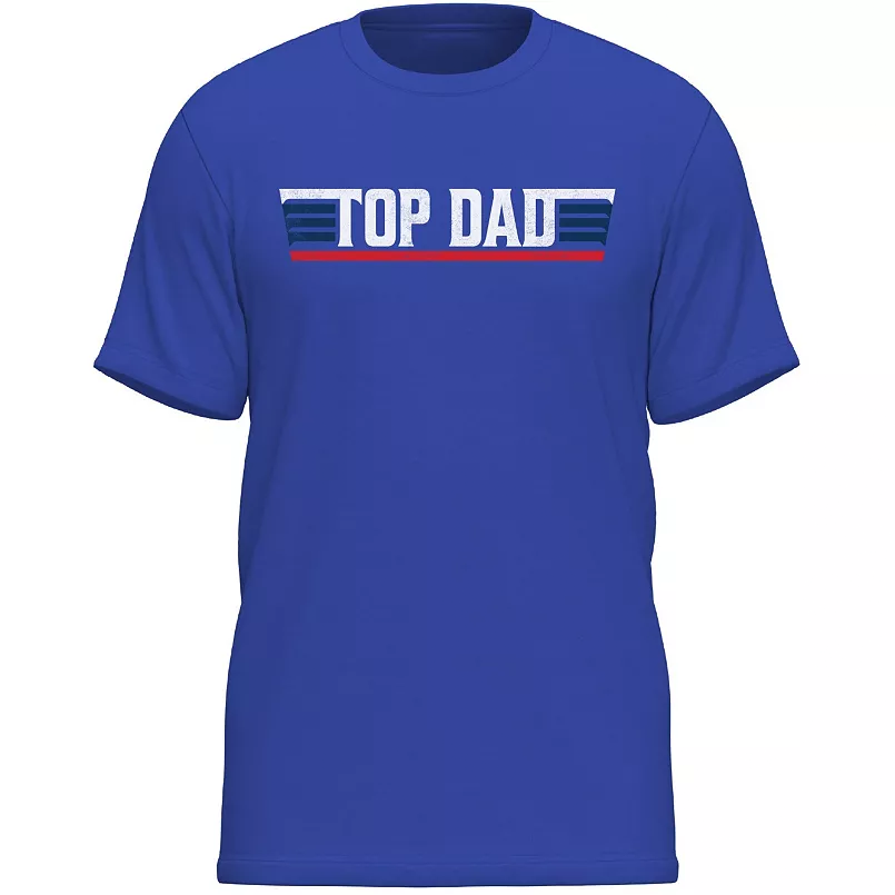Blue T-shirt with \“TOP DAD\“ printed in white and blue lettering with a red underline.