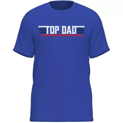 Blue T-shirt with \“TOP DAD\“ printed in white and blue lettering with a red underline.