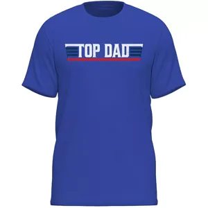 Blue T-shirt with \“TOP DAD\“ printed in white and blue lettering with a red underline.