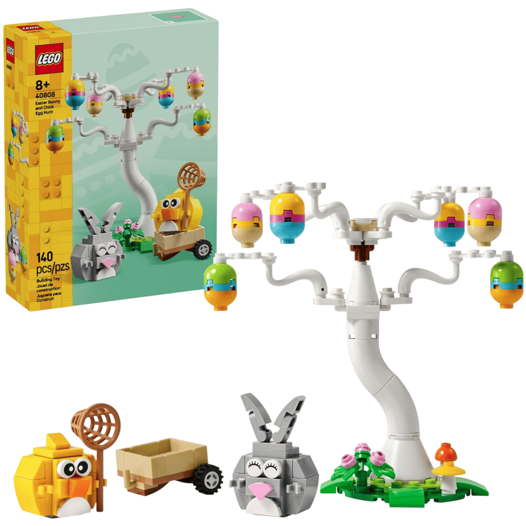 LEGO Easter Bunny and Chick Egg Hunt set (40868) includes a whimsical tree with colorful eggs, a bunny, a chick, and a cart. Contains 140 pieces, suitable for ages 8 and up.
