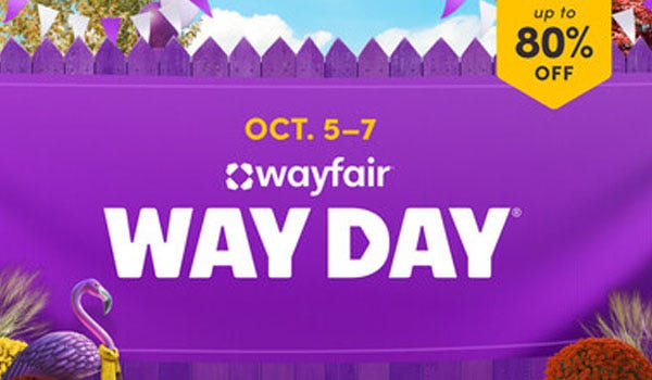 a purple picket fence displaying a purple banner advertising Wayfair's Way Day sale