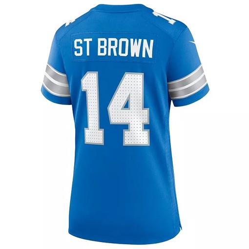 Blue football jersey with \“ST BROWN\“ and the number 14 in white on the back, featuring gray and white striped sleeves.