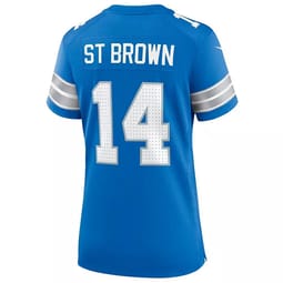 Blue football jersey with \“ST BROWN\“ and the number 14 in white on the back, featuring gray and white striped sleeves.