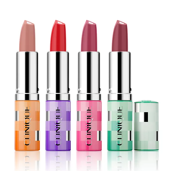 Four Clinique Kisses lipsticks are shown, each with a different shade ranging from nude to dark red, with corresponding colorful bases indicating the color inside.