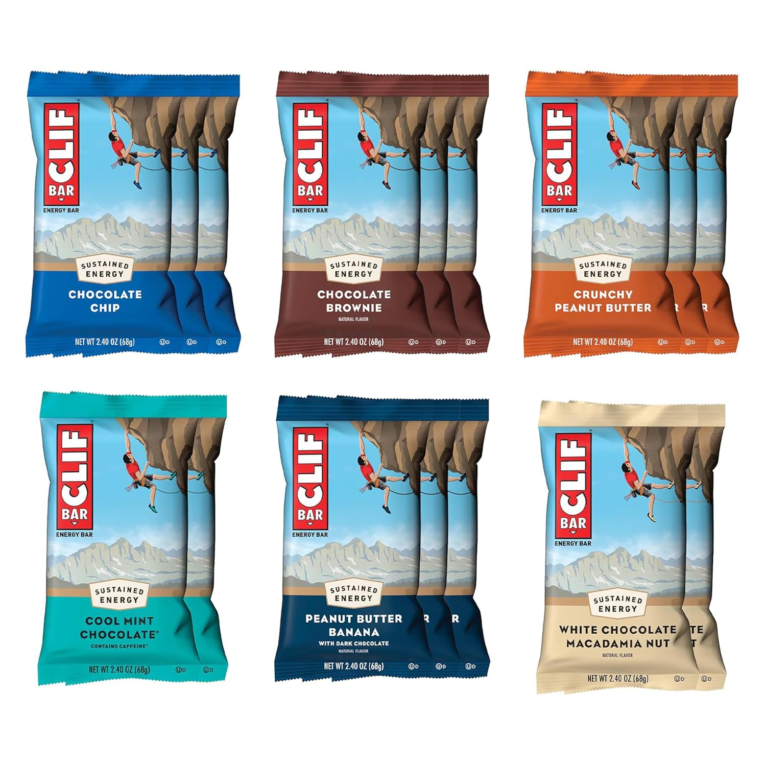 32-pack Clif Bars includes Chocolate Chip, Chocolate Brownie, Crunchy Peanut Butter, Cool Mint Chocolate, Peanut Butter Banana with Dark Chocolate, and White Chocolate Macadamia Nut flavors. Each bar weighs 2.4 oz (68g), offering sustained energy.