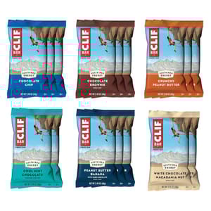 32-pack Clif Bars includes Chocolate Chip, Chocolate Brownie, Crunchy Peanut Butter, Cool Mint Chocolate, Peanut Butter Banana with Dark Chocolate, and White Chocolate Macadamia Nut flavors. Each bar weighs 2.4 oz (68g), offering sustained energy.