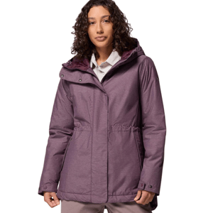 A woman wearing a purple hooded winter jacket with adjustable cuffs and a drawstring waist, over a white shirt.