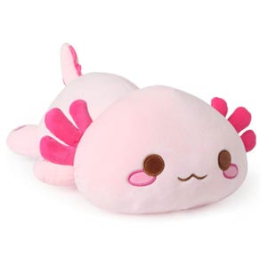 A cute, soft pink axolotl plush with a smiling face, brown eyes, and rosy cheeks. It features bright pink gill-like appendages and measures 13 inches long.