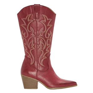 Red cowboy boot with decorative stitching, a pointed toe, and a block heel.