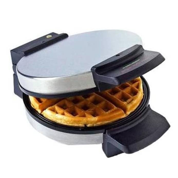 The Black & Decker waffle maker features a round design with stainless steel exterior, nonstick cooking plates, and a deep groove pattern for waffles. It includes cool-touch handles for safety and easy operation.