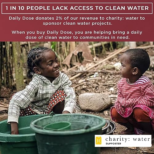 Daily Dose pledges 2% of revenue to charity: water for clean water projects, highlighting that 1 in 10 people lack access to clean water.