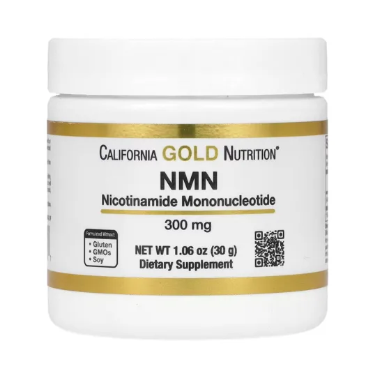 California Gold Nutrition NMN Nicotinamide Mononucleotide, 300 mg dietary supplement, 1.06 oz (30 g), formulated without gluten, GMOs, and soy.