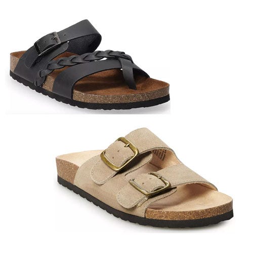 Two pairs of sandals, one with a black strap and buckle, the other with two beige straps and adjustable buckles.