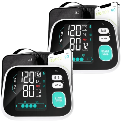 Two digital blood pressure monitors with large displays show readings for systolic and diastolic pressure, pulse rate, and include memory and start/stop buttons.