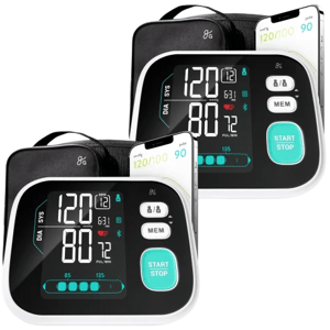 Two digital blood pressure monitors with large displays show readings for systolic and diastolic pressure, pulse rate, and include memory and start/stop buttons.