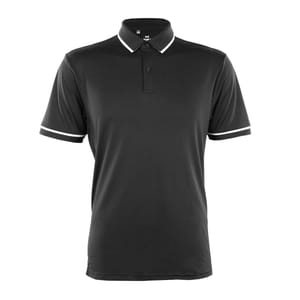 A black Under Armour polo shirt with white trim on the collar and sleeve edges, featuring the brand’s logo on the chest.