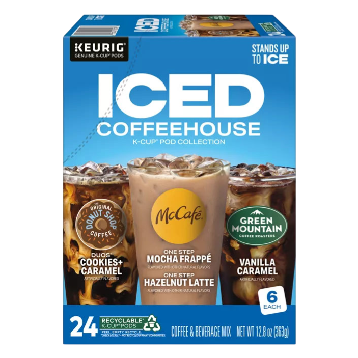 Keurig 24ct Iced Coffeehouse Variety Pack includes K-Cup pods of three flavors: Donut Shop Duos Cookies + Caramel, McCafé One Step Mocha Frappé and Hazelnut Latte, Green Mountain Vanilla Caramel; 6 pods of each flavor.