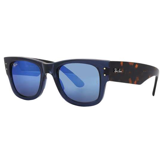 Blue Ray-Ban sunglasses with blue lenses and tortoiseshell-patterned arms.