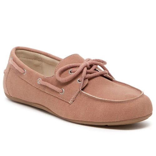 A pink suede moccasin-style shoe with a rounded toe, lace-up detail, and decorative side stitching.