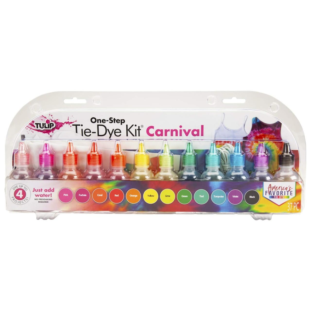 Tulip One-Step Tie-Dye Kit Carnival includes 12 vibrant dye bottles in colors like pink, red, yellow, lime, and more, with tools for up to four projects. Simply add water to activate.