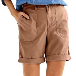Brown Sonoma Utility Bermuda Shorts with large front pockets, a button closure, and a rolled hem, paired with a blue top.