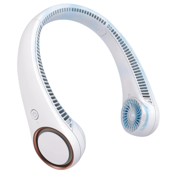 Rechargeable neck fan with a sleek, U-shaped design featuring a power button and small internal fans on each side, designed to be worn around the neck for hands-free cooling.