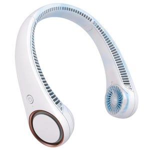 Rechargeable neck fan with a sleek, U-shaped design featuring a power button and small internal fans on each side, designed to be worn around the neck for hands-free cooling.