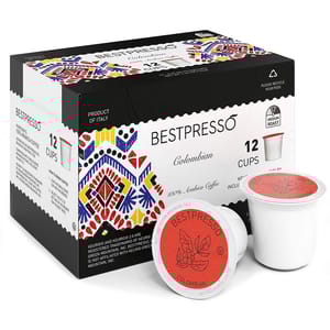Bestpresso Colombian coffee pods, compatible with Keurig machines, come in a box containing 12 medium roast cups, featuring 100% Arabica coffee.