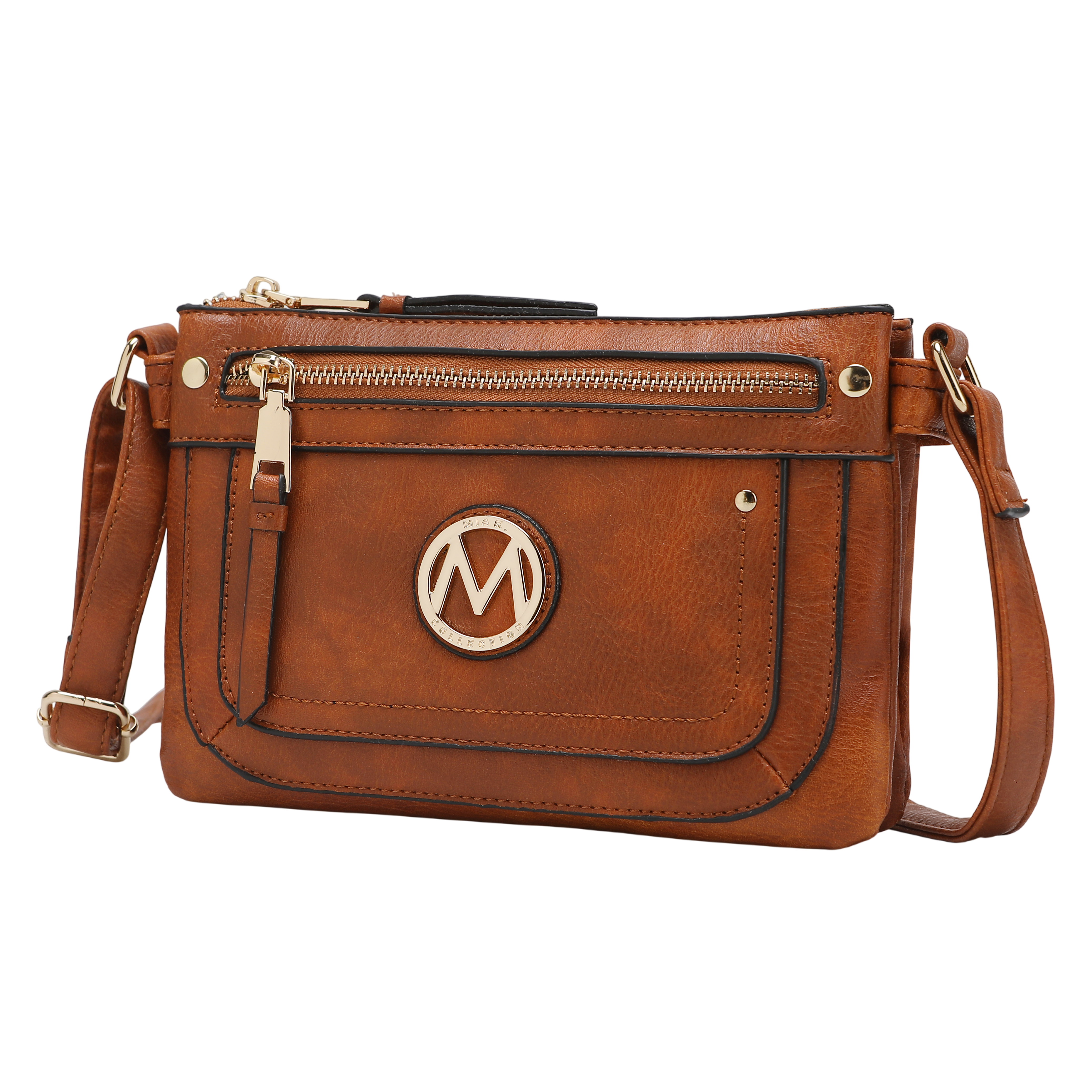 Brown faux leather crossbody bag with a front zip pocket, gold M logo, and adjustable strap.