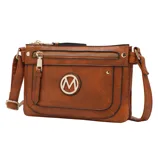 Brown faux leather crossbody bag with a front zip pocket, gold M logo, and adjustable strap.