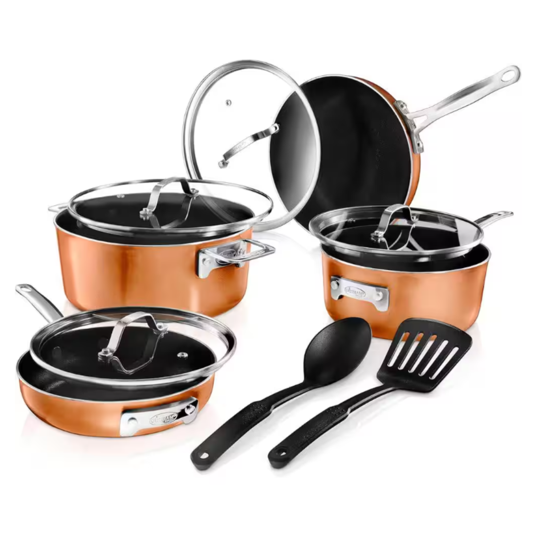 A set of copper-colored cookware including two pots, a pan, two lids, and two black utensils.