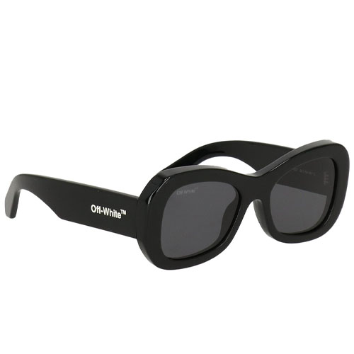 Black Off-White™ sunglasses featuring a rounded rectangular frame design with the brand's logo on the temples.