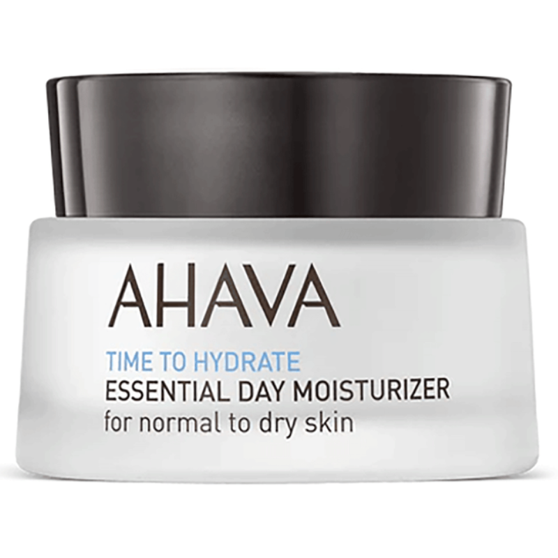 AHAVA Time to Hydrate Essential Day Moisturizer for normal to dry skin, in a clear jar with a black lid.