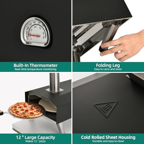 Outdoor pizza oven featuring a built-in thermometer, folding legs, and a cold rolled sheet housing. It can accommodate a 12-inch pizza.